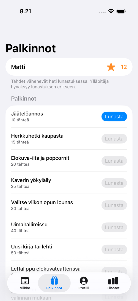 Palkintokauppa, jossa jokaisella palkinnolla on tähtihinta ja lunastusnappi.