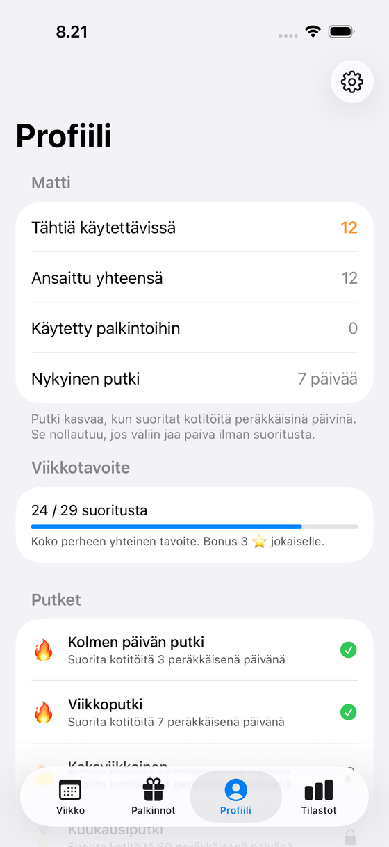 Profiili, jossa näkyvät tähtisaldo, putki, viikkotavoite ja saavutukset.