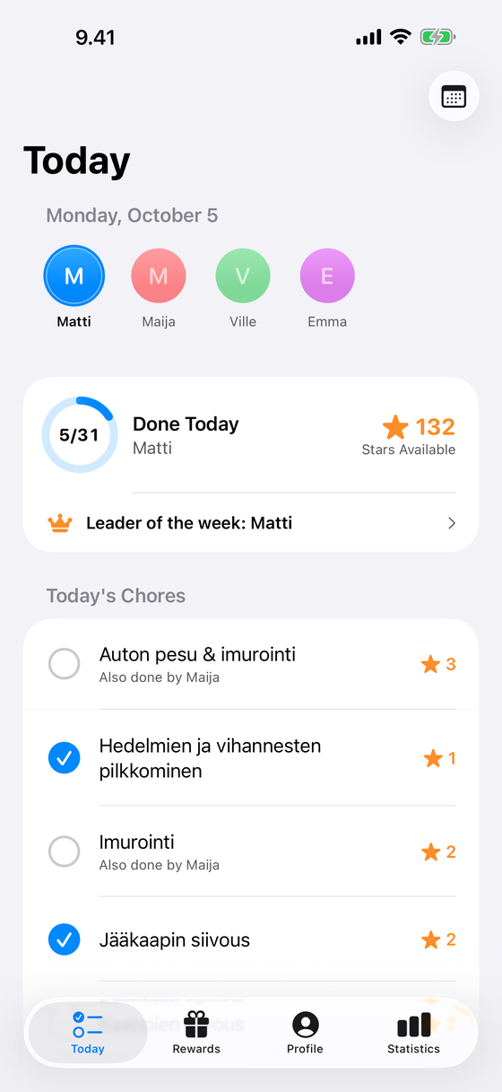 The app's Today view: the day's chores as rows, the selected family member's progress and star balance.
