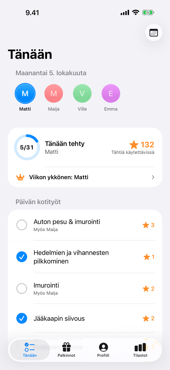 Kotityöt-sovelluksen Tänään-näkymä: päivän kotityöt riveinä, valitun perheenjäsenen edistyminen ja tähtisaldo.
